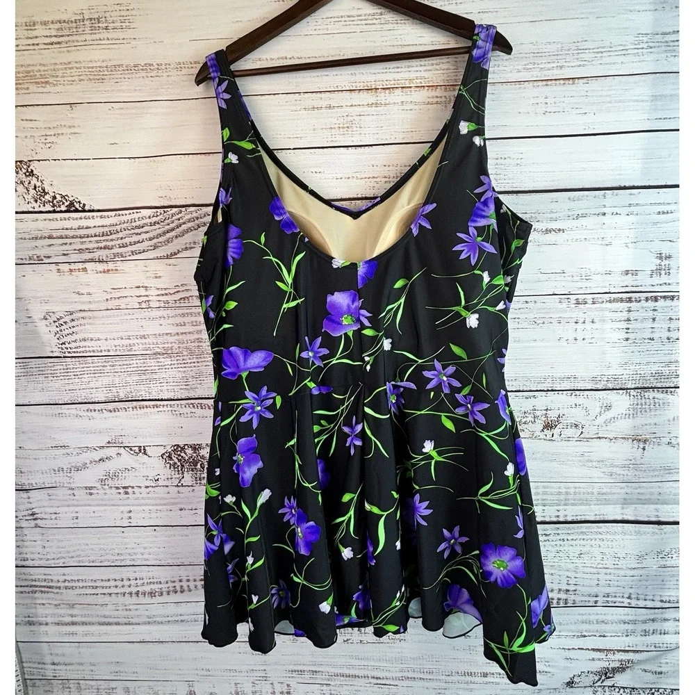 Blair Plus Size Swimsuit Black Floral Plus Size 26W Skirt One Piece Tummy Panel